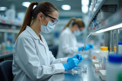 Technicienne de laboratoire inspectant une boite de Petri