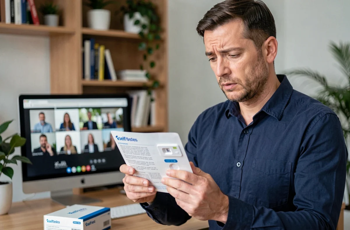 Homme consultant une boîte de test antigénique Covid dans son bureau à domicile, illustrant le dépistage face aux nouveaux variants en 2026