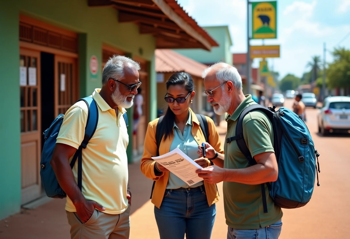 Groupe de touristes examinant une brochure de vaccins en Tanzanie
