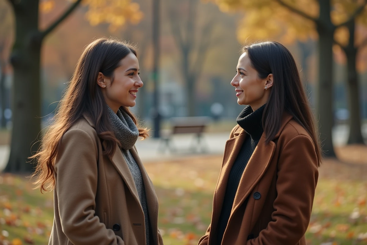 Deux femmes dans un parc, l'une minimisant les émotions de l'autre avec un sourire trop enthousiaste, illustrant la phrase 'tout le monde a des hauts et des bas'