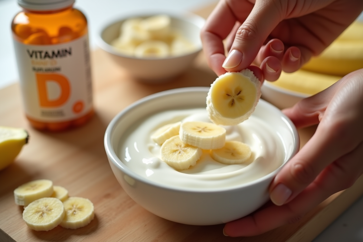 Mains ajoutant bananes dans un bol de yogourt avec vitamine D