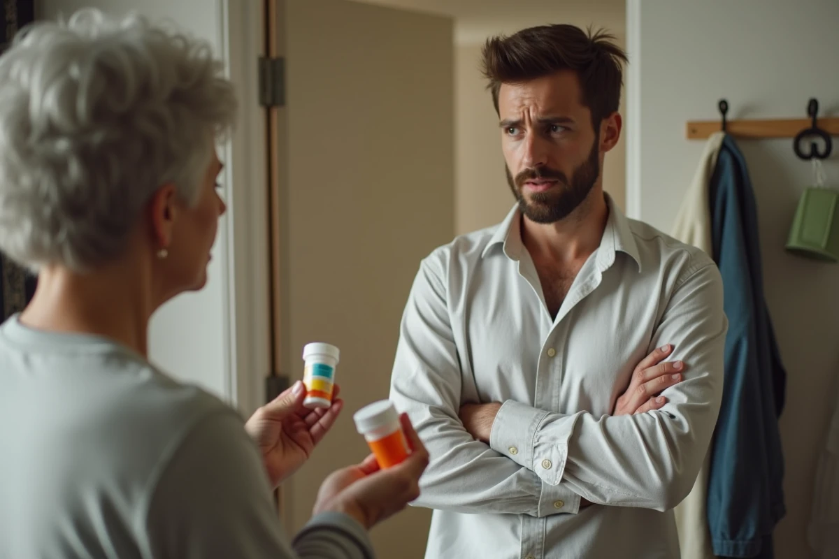 Une femme plus âgée montrant un pilulier à un homme mal à l'aise dans un couloir, illustrant la question intrusive 'tu as pris tes médicaments aujourd'hui ?'