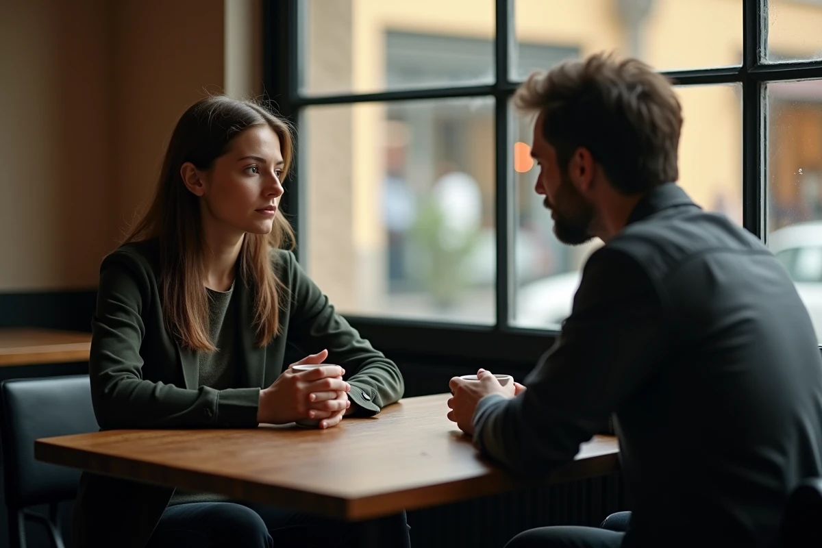 Un homme au regard nostalgique face à une femme silencieuse et mélancolique dans un café, illustrant la remarque blessante 'tu étais plus drôle avant / en phase haute'