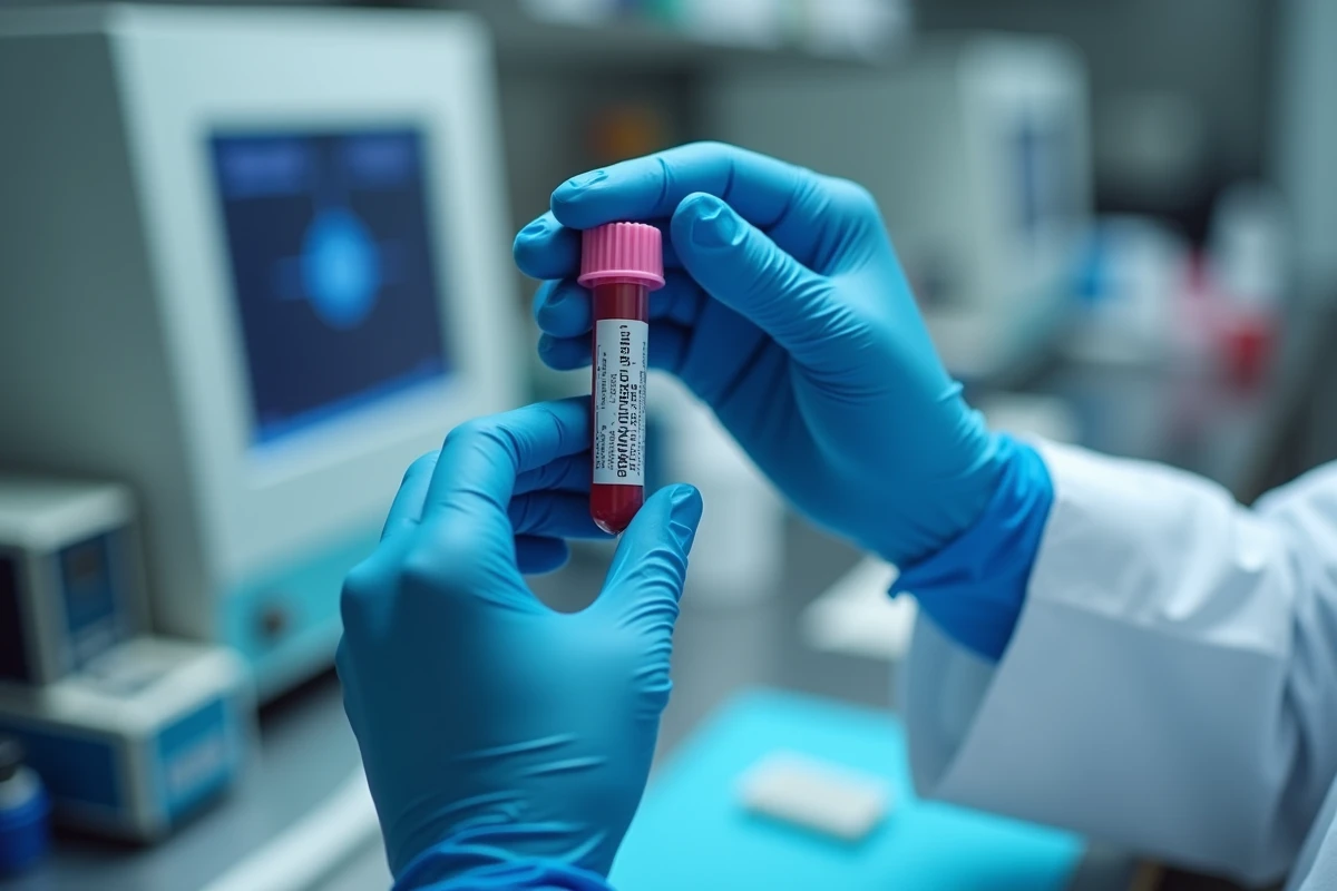 Technicien de laboratoire tenant un tube d'analyse sanguine pour dosage de la troponine et marqueurs cardiaques
