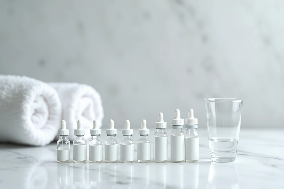 Unidoses de sérum physiologique et tasse de rinçage oculaire disposées sur marbre blanc