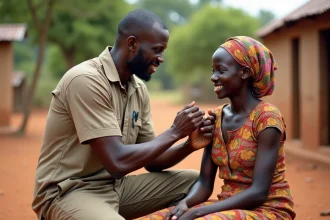 Homme de santé africain vaccine une femme dans un village