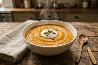 Bol de velouté de butternut fumant sur une table en bois rustique, idéal après une extraction dentaire
