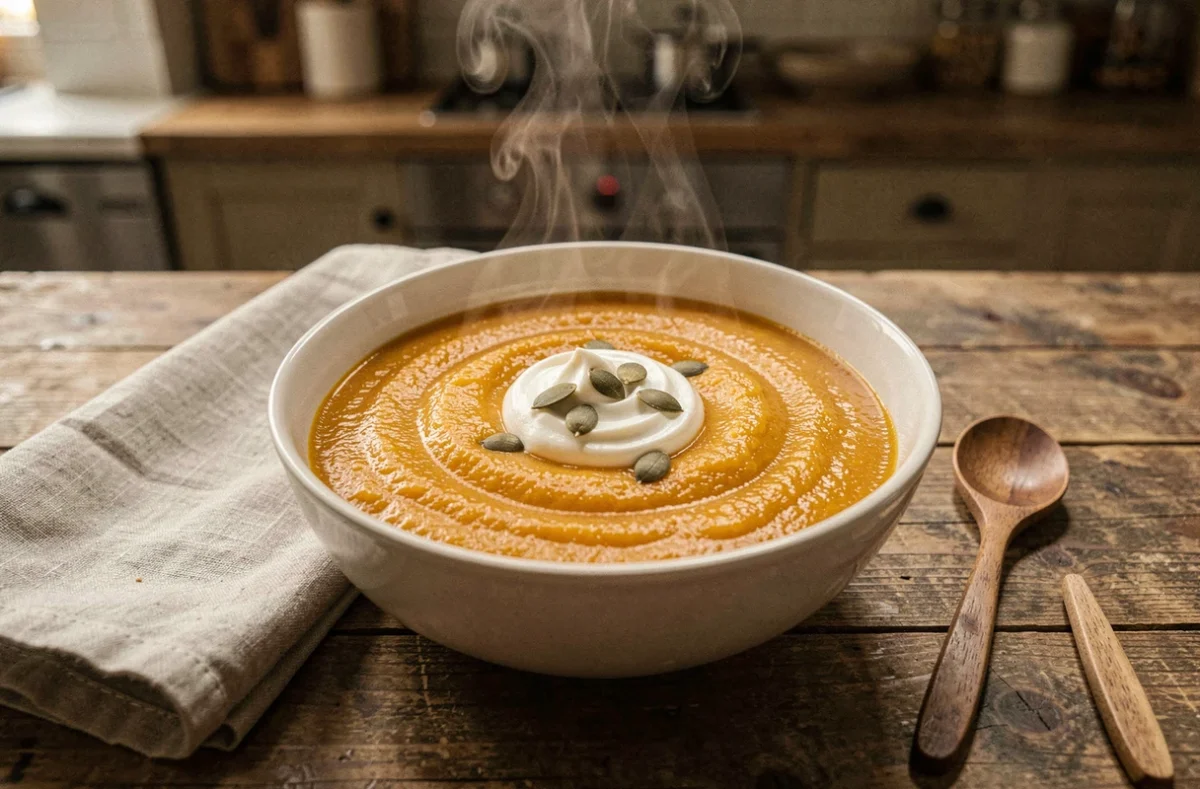 Bol de velouté de butternut fumant sur une table en bois rustique, idéal après une extraction dentaire