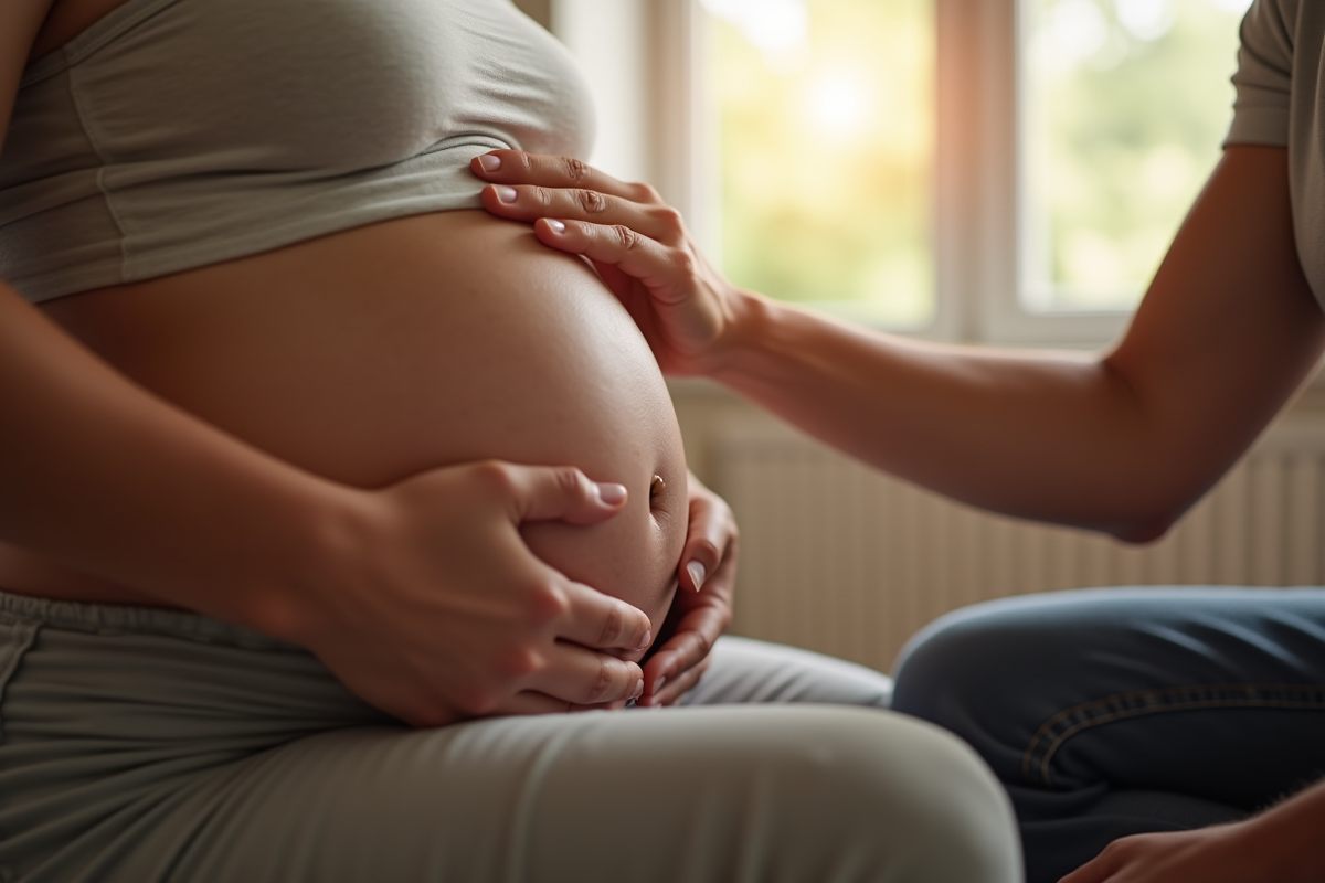 Ventre de femme enceinte avec mains protectrices dans un salon chaleureux