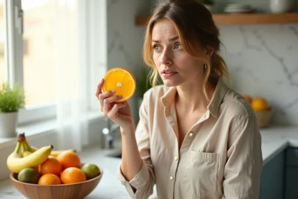 Femme examinant une tranche d'orange dans une cuisine, illustrant la faible teneur en vitamine D des fruits