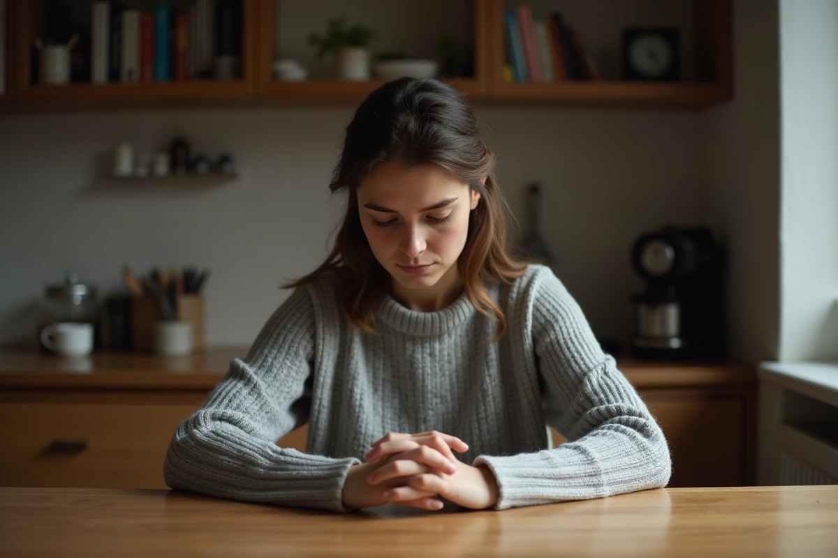 Une femme seule à une table de cuisine, l'air épuisée émotionnellement, illustrant le vécu quotidien d'une personne bipolaire face aux incompréhensions de son entourage